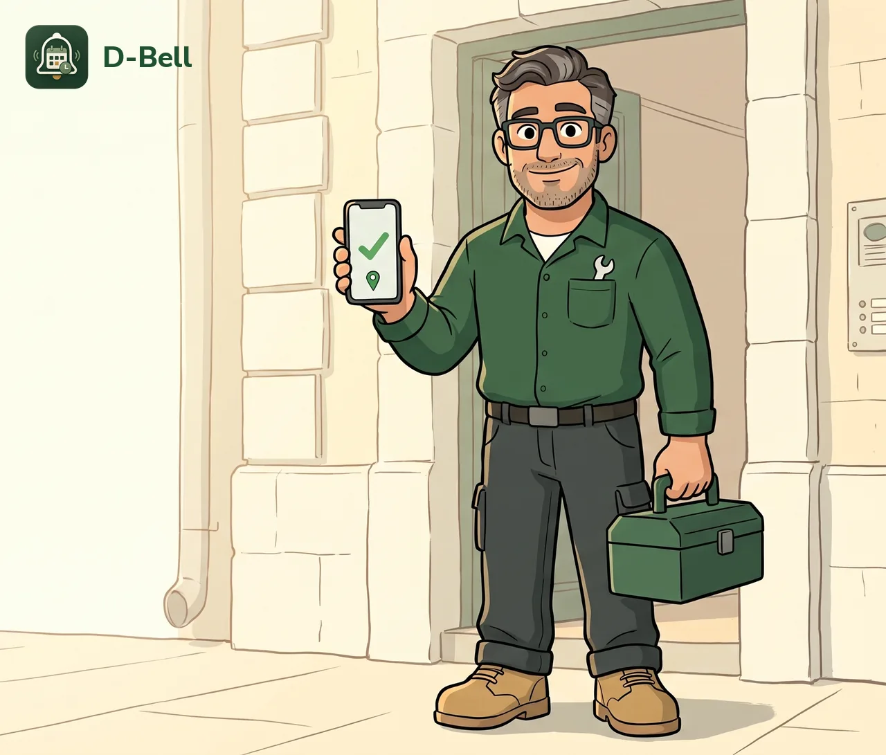 The D-Bell professional at a building entrance with a toolbox, showing a new job on his phone