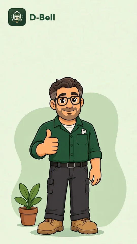 Cartoon of the D-Bell pro in a green work shirt giving a thumbs up