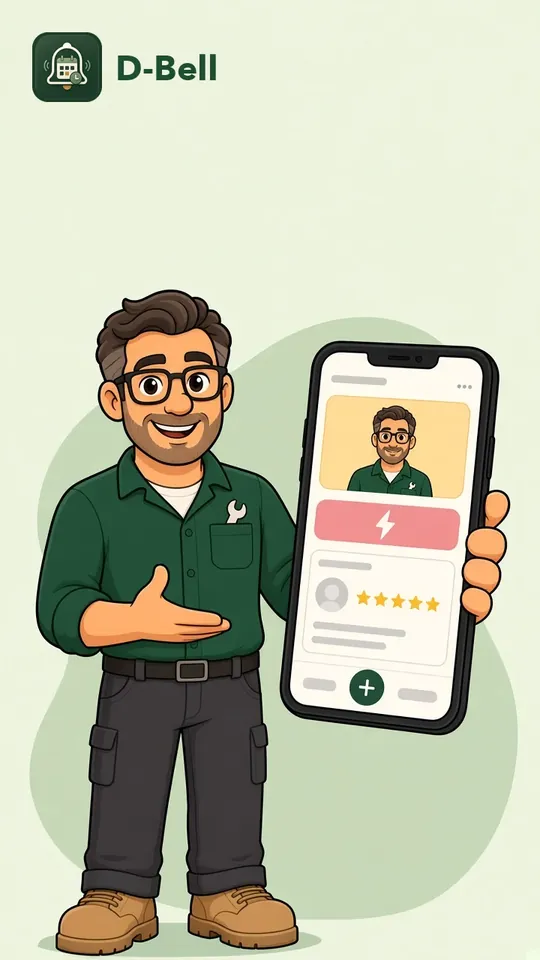 Cartoon: the D-Bell pro showing the home screen with the assistant, an urgent button, and a rated pro