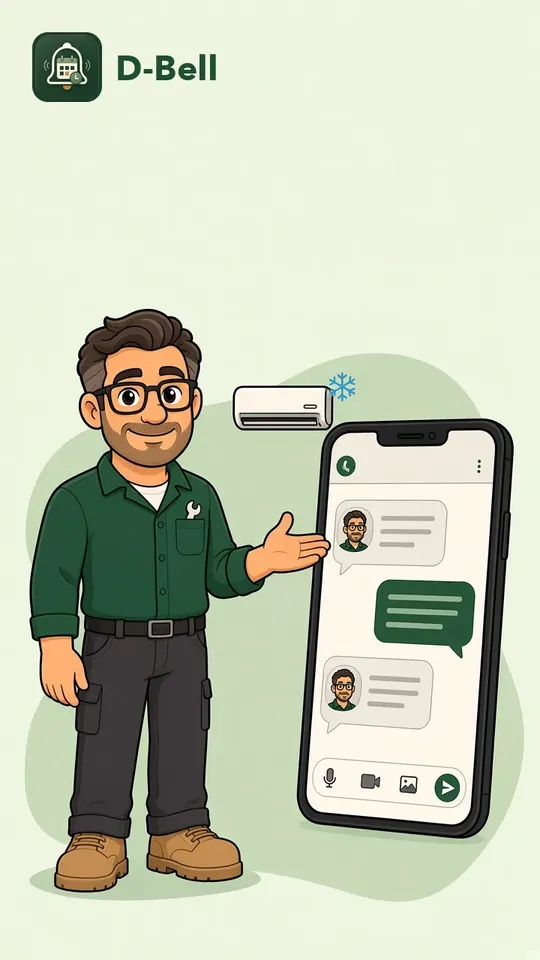 Cartoon: the D-Bell pro showing a chat with the assistant about an air conditioner that is not cooling