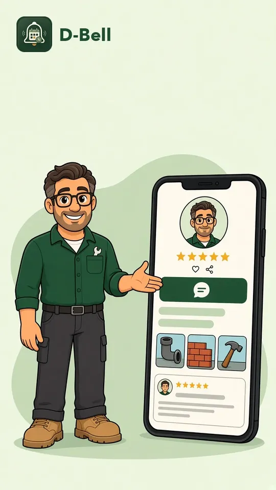 Cartoon: the D-Bell pro showing a pro profile with work photos and reviews