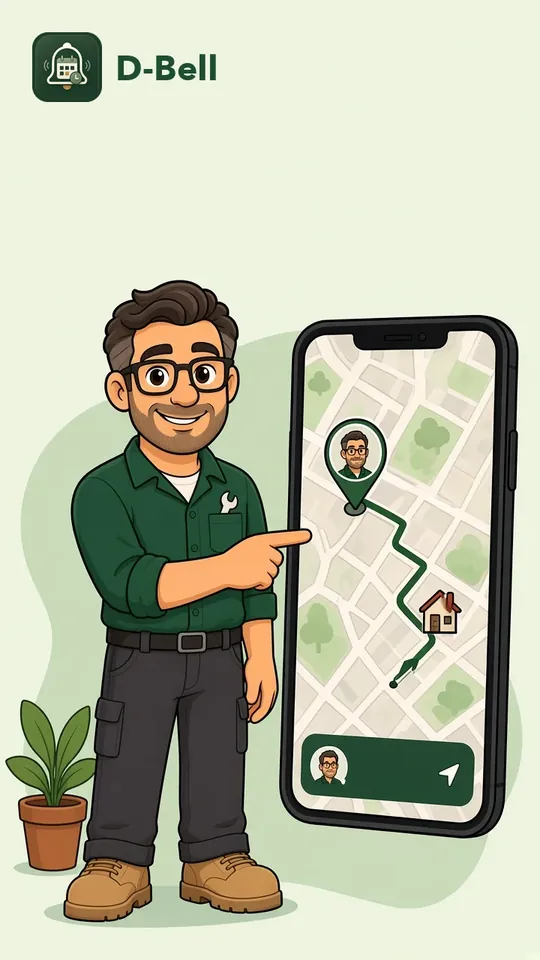 Cartoon: the D-Bell pro pointing at a tracking map with the route to the home